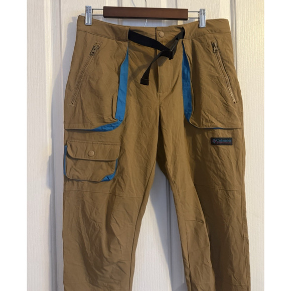 Columbia Mens 32 Regular Nylon Hiking Pants Tan Blue Trim Zip Pockets Outdoor - Picture 3 of 11